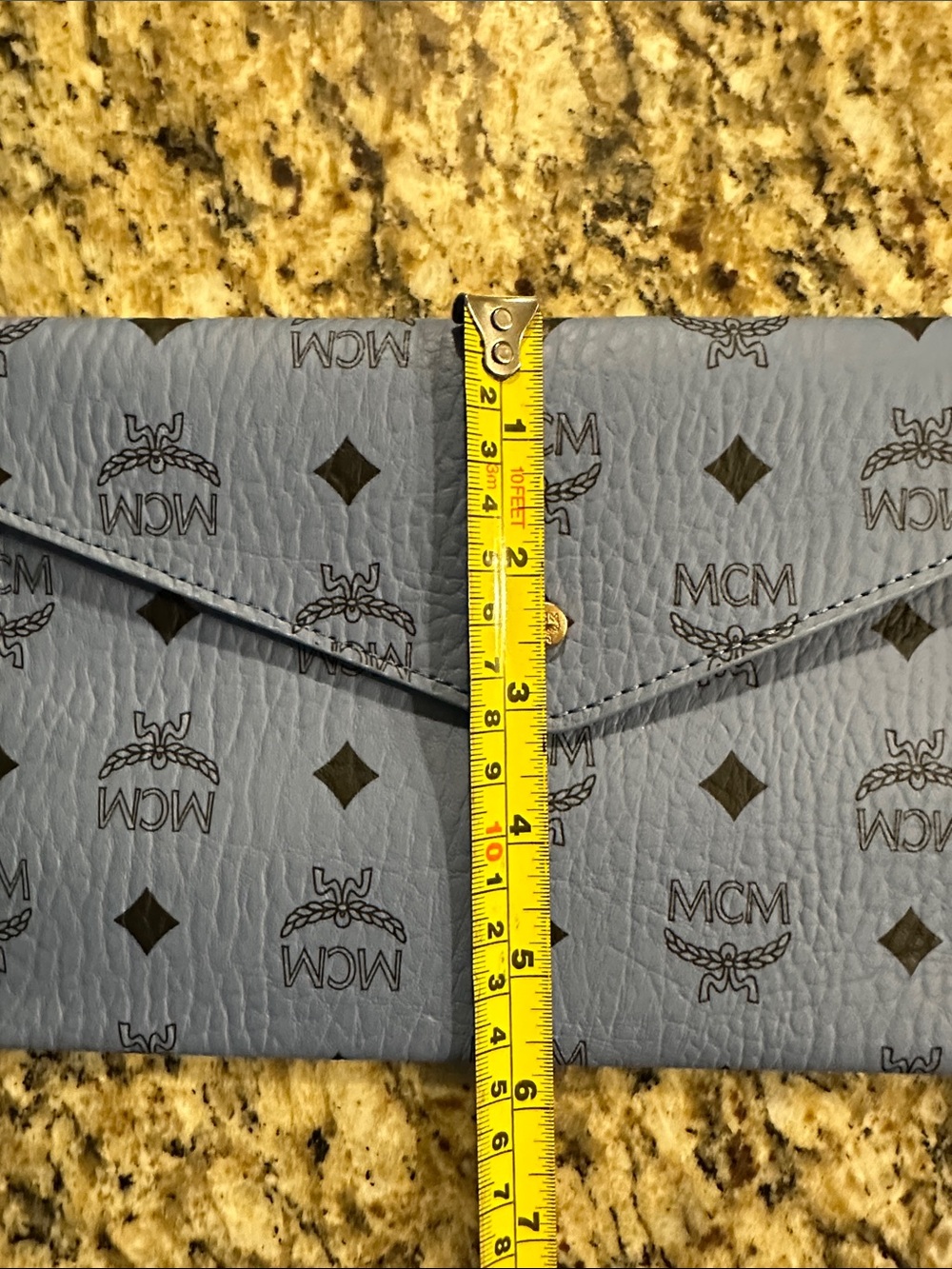 MCM Logo Monogram Envelope Clutch in Dusty Blue - Picture 14 of 15